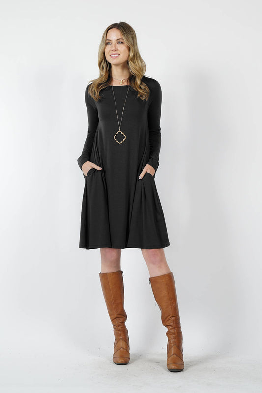 Long Sleeve Flare Dress with Side Pockets